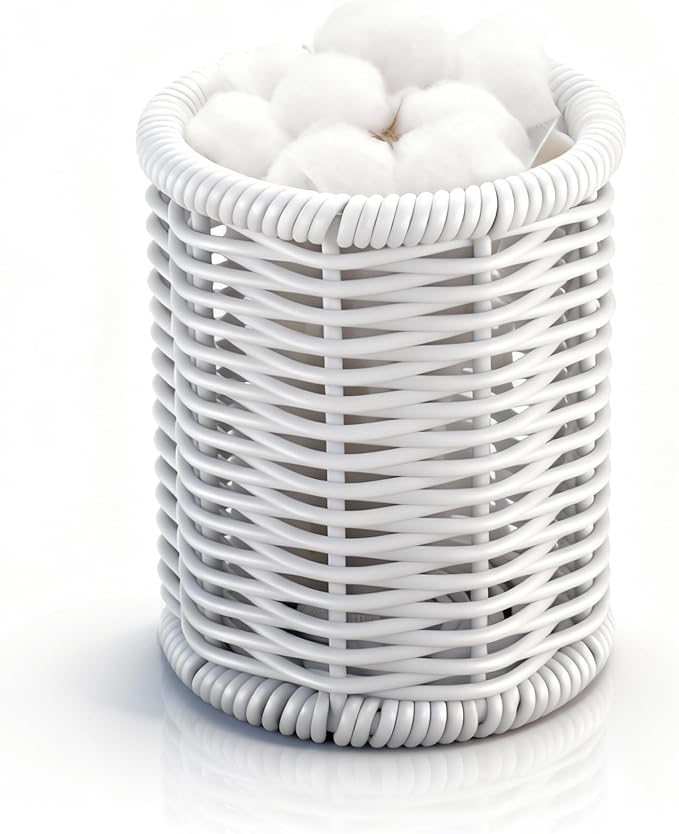 Rattan Jars, Rattan Desk Organizer, Bathroom Essentials Accessories Decor, Vanity Makeup Storage Organizer, for Cotton Balls, Pads, Floss Picks-Minimalist Decor , White(DP053)