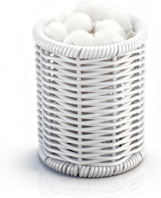 Rattan Jars, Rattan Desk Organizer, Bathroom Essentials Accessories Decor, Vanity Makeup Storage Organizer, for Cotton Balls, Pads, Floss Picks-Minimalist Decor , White(DP053)
