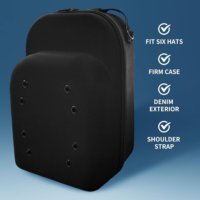 Hat Travel Case Baseball Cap Carrier for 6 Hats Storage with Handle & Adjustable Shoulder Strap for Travel Closet
