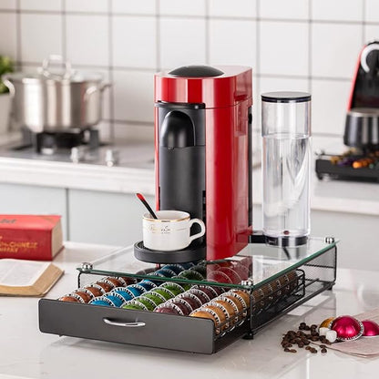 FlagShip for Nespresso Pod Holder Coffee Pod Storage for Vertuo Pod with Crystal Tempered Glass Top(50 Pods Capacity)