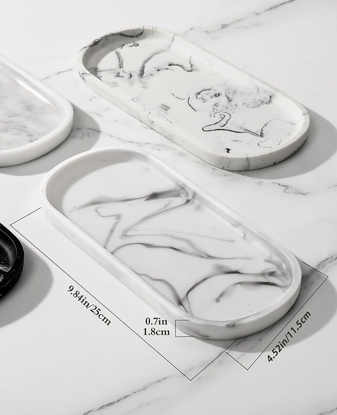 Emibele Oval Vanity Tray, 10" Bathroom Countertop Organizer Tray, Kitchen Sink Sponge Holder Soap Dispenser Resin Marble Tray for Perfume Jewelry Candle, Small, White Marble