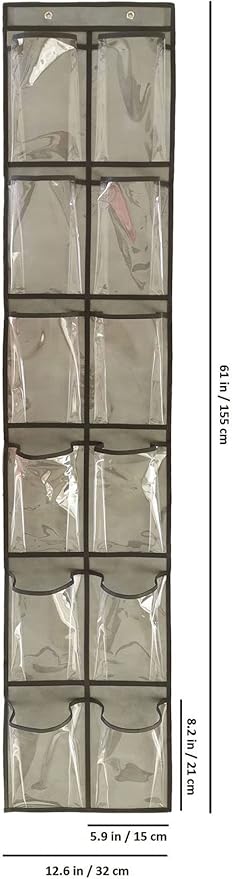Closet Shoe Organizer Behind Door Hanging Closet Kids Shoe Rack with 12 Clear Large Pockets (12 Pockets-Grey)