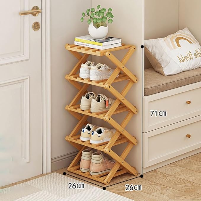 YYW Shoe Rack, Foldable Bamboo Shoes Shelf, Freestanding Shoe Storage Organiser for Entryway, Hallway, Bedroom, Closet (Wood Color, 5 Layers)