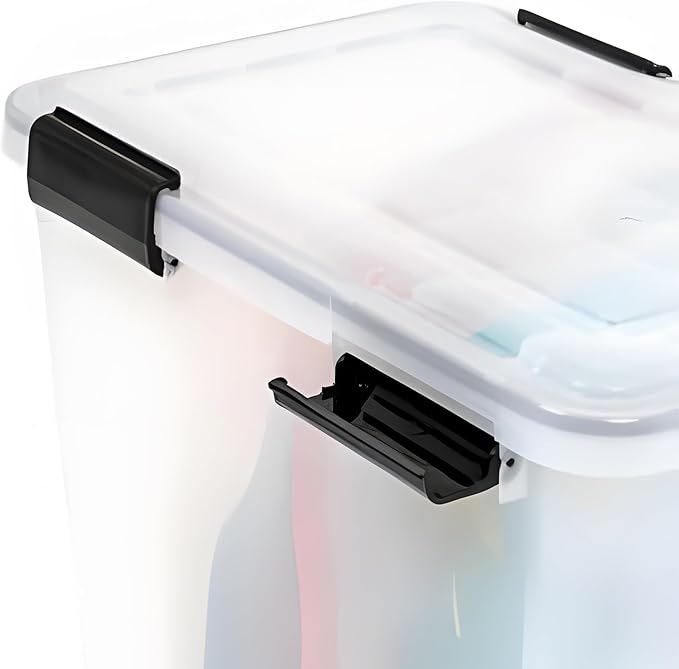 IRIS USA WeatherPro 74 Qt Storage Bins with Lids, 2 Pack, BPA-Free Plastic Gasket Box with Tight Latch and Seal, Stackable Nestable Tote Tub - Clear/Black