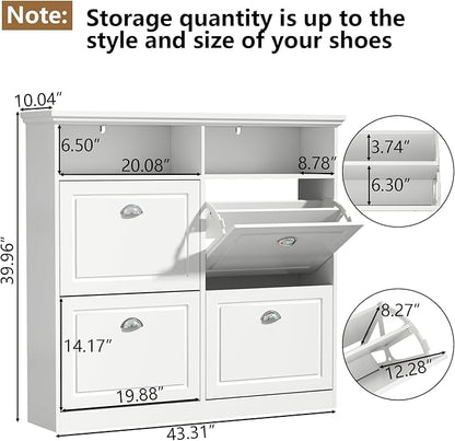 Loomie Shoe Cabinet with 4 Flip Drawers, Freestanding Shoe Storage Cabinet with Open Shelves, Hidden Slim Narrow Shoe Rack Cabinet, Shoe Organizer Cabinet for Entryway, Foyer, Hallway (White)