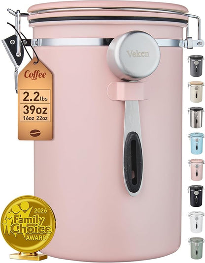 Veken Coffee Canister, 39OZ Large, Airtight Stainless Steel Food Storage Container for 2.2lbs Coffee Beans, Ground, Sugar, Tea, Cookie,Flour, Kitchen Bar Accessories with Date Tracker & Scoop, Pink