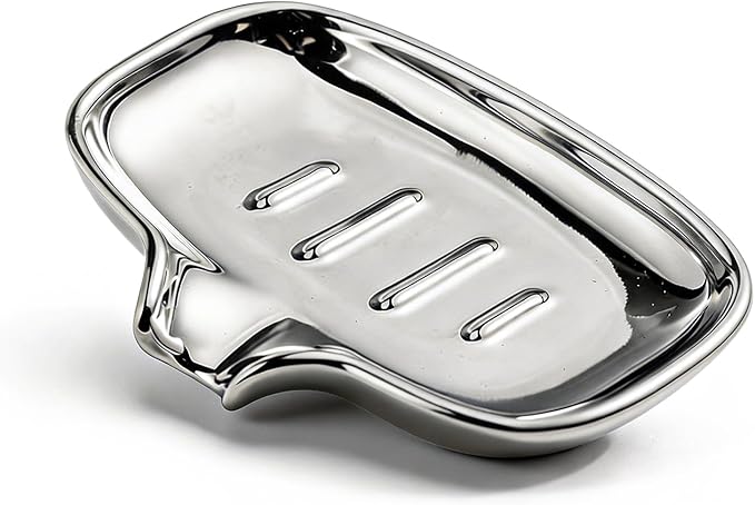 Silver-Plated Ceramic Soap Dish, Self-Draining Bar Soap Holder with U-Shaped Drainage, Decorative Soap Tray for Bathroom Shower & Kitchen Sink