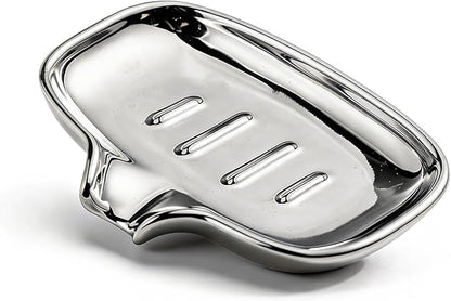 Silver-Plated Ceramic Soap Dish, Self-Draining Bar Soap Holder with U-Shaped Drainage, Decorative Soap Tray for Bathroom Shower & Kitchen Sink