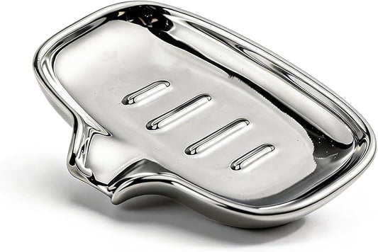 Silver-Plated Ceramic Soap Dish, Self-Draining Bar Soap Holder with U-Shaped Drainage, Decorative Soap Tray for Bathroom Shower & Kitchen Sink