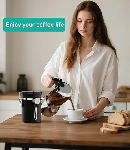 Coffee Gator Coffee Canister, 22oz Airtight Stainless Steel Kitchen Food Storage Container with Date Tracker, Valve, Scoop for Sugar, Grounds, Beans, Tea, Sugar, Cereal, Flour, Cookies Jars - Black