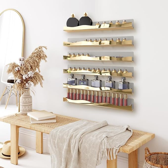 YMVV Wall-Mounted Nail Polish Shelves, 5-Inch Gold Mirror Finish Nail Polish Organizer Rack, Makeup Sunglasses Essential Oil Storage Display Rack 6 Pack