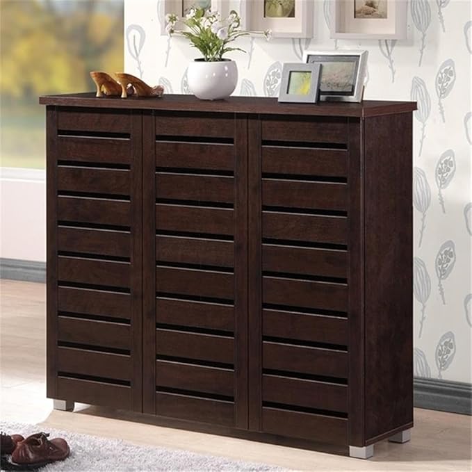 BOWERY HILL Contemporary 3 Door Wooden Shoe Cabinet, 20 Pairs Shoe Rack Storage Organizer in Dark Brown