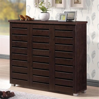 BOWERY HILL Contemporary 3 Door Wooden Shoe Cabinet, 20 Pairs Shoe Rack Storage Organizer in Dark Brown