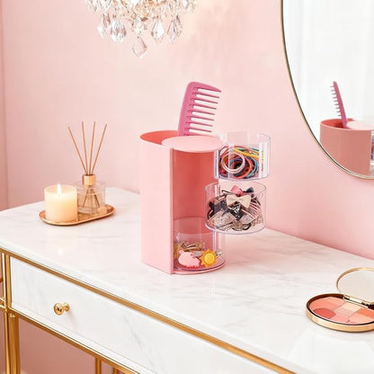 3-Layer Hair Accessories Organizer with Hair Brushes Holder,Rotatable Drawer Makeup Sponge Holder for Necklaces, Earring,Ring,Makeup Brushes,Hairs Clip ﻿