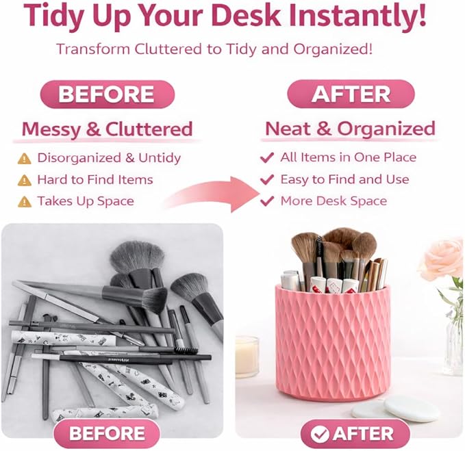 Makeup Brush Holder Organizer, 360° Rotating 5-Slot Make up Brushes Cup for Cosmetic, Lipstick, Hair Brush Holder - Spinning Vanity Countertop Caddy for Bathroom, Dorm & Office, Pink