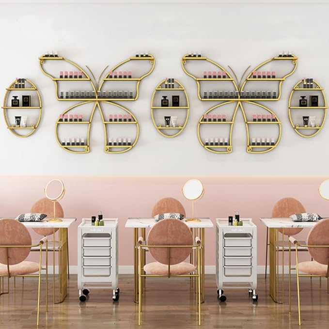 Butterfly Wall-Mounted Nail Polish Rack Set of 5-11LBs/Rack Capacity, Adjustable Cosmetic Display for Salon & Home Spa (Gold)