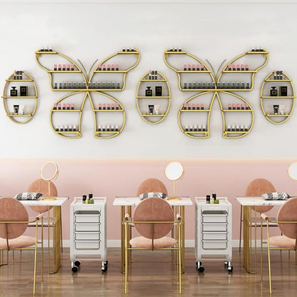 Butterfly Wall-Mounted Nail Polish Rack Set of 5-11LBs/Rack Capacity, Adjustable Cosmetic Display for Salon & Home Spa (Gold)