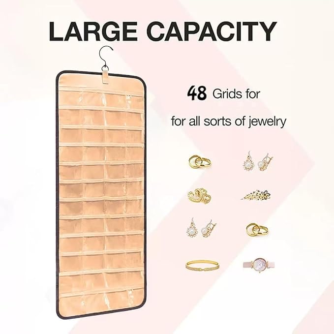Hanging Jewelry Organizer, Dual-Sided Necklace Holder with Multiple Clear Pockets - Wall Mount & Over The Door Closet Storage for Earrings, Rings, Bracelets - 360° Rotating Hanger (1, Black, XL)