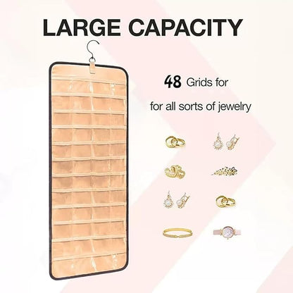 Hanging Jewelry Organizer, Dual-Sided Necklace Holder with Multiple Clear Pockets - Wall Mount & Over The Door Closet Storage for Earrings, Rings, Bracelets - 360° Rotating Hanger (1, Black, XL)