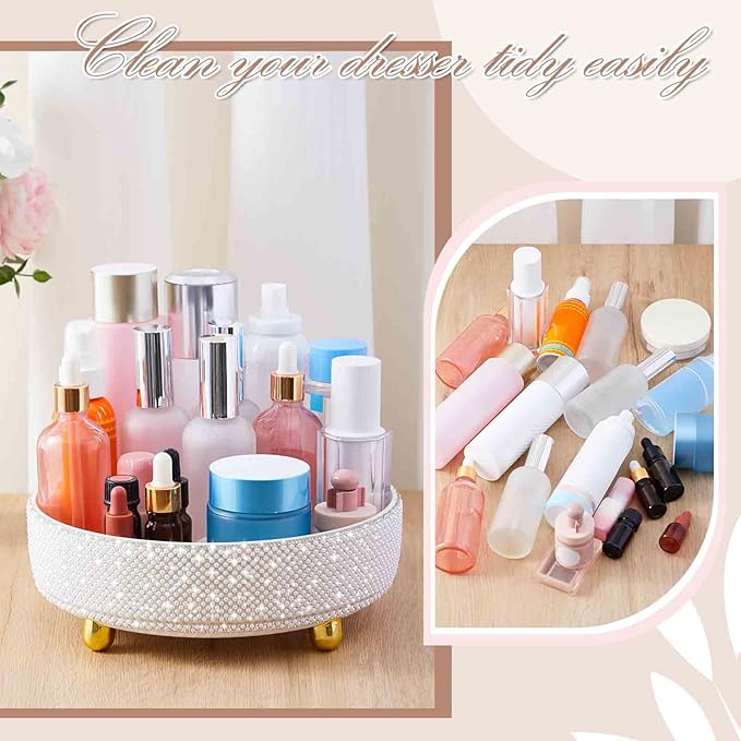 Honeydak White Bling Perfume Makeup Organizer Bling Mother's Day Nurse Day Gifts for Women Bathroom Organizers and Storage 360 Rotating Makeup Organizer for Countertop(Pearl)