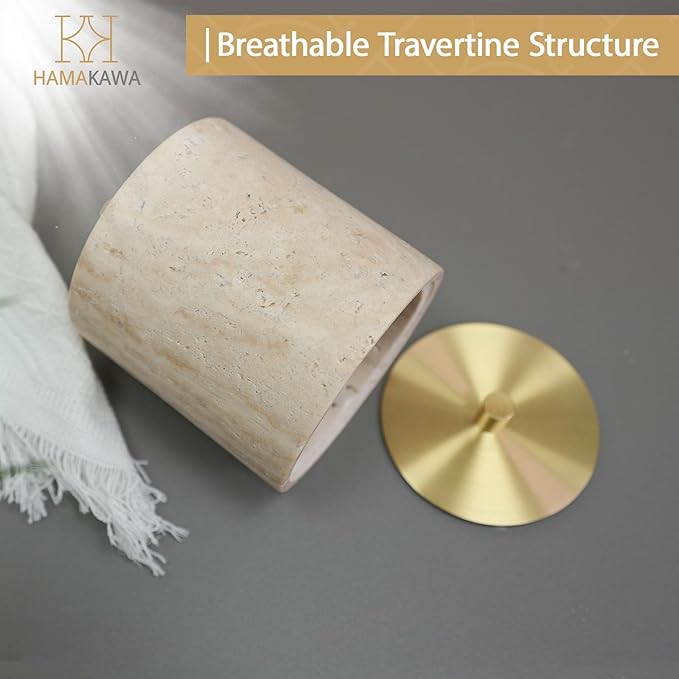 Nartural Marble Qtip Holder with Brass Lid, Beige Travertine Cotton Swab Jar, Modern Round Canister, Small Apothecary Storage Jars for Bathroom, Bedroom, Vanity, Kitchen Cabinet