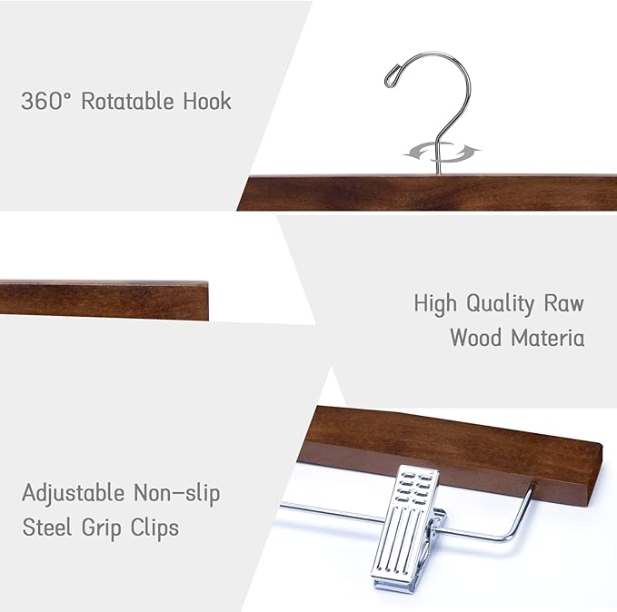 Nature Smile Solid Lotus Wood Deluxe Wooden Pants Hangers Bottom Hanger Jeans Hanger Skirt Hanger with 2-Adjustable Clips Anti Rust Hook 20 Pack (Retro)