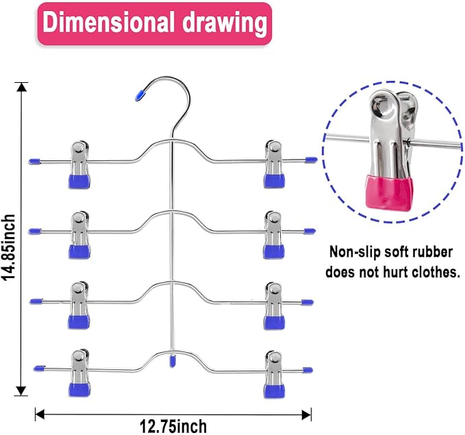 4 Tier Skirt Hangers Space Saving,Metal,Non Slip Closet Organizer and Storage Multi Clothes Shorts Hanger Organization Dorm Room Essentials (Pink+Purple 2Pack)