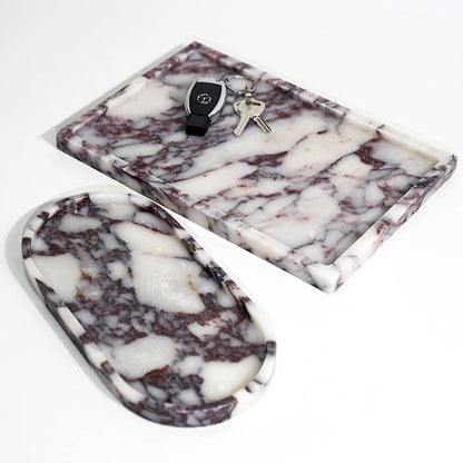 Real Luxurious Natural Marble Vanity Tray Genuine Marble Storage Tray for Home Decor Stone Tray for Bathroom/Kitchen/Vanity/Dresser Non-Resin/Non-Ceramic/Viola Oval Set