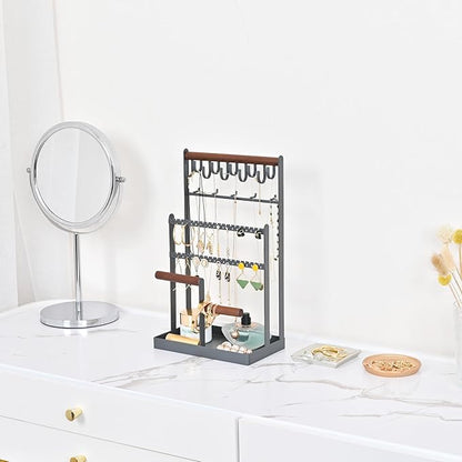 Lolalet Jewelry Holder Organizer Jewelry Stand, 6 Tier Jewelry Rack Necklace Holder Organizer with 15 Hooks and Bottom Tray, Jewelry Tower Display Storage Tree for Bracelets Earrings Rings -Grey