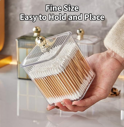 Clear Qtip Holder Dispenser for Cotton Ball and Swab Plastic with Lid Translucent Square Shape Canister Cube Jar for Bathroom Living Room Bedroom Vanity Makeup Organization (Tranparent*2)