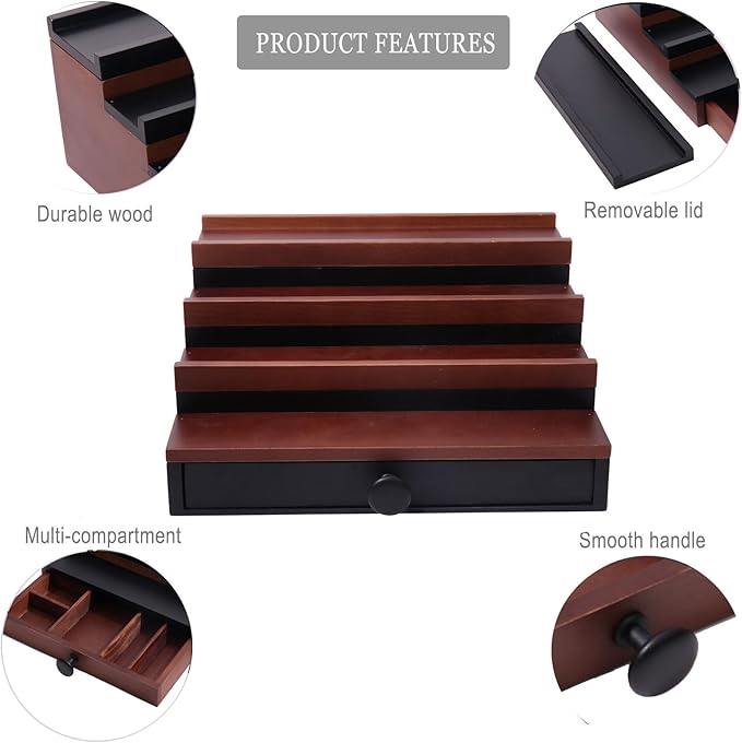 Cologne Organizer for Men - 4 Tier Walnut Black Wooden Cologne Display Stand with Drawer and Hidden Compartment, Mens Cologne Holder Shelf for Organizing and Storing, Walnut Black