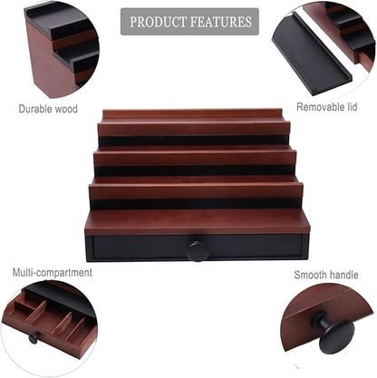 Cologne Organizer for Men - 4 Tier Walnut Black Wooden Cologne Display Stand with Drawer and Hidden Compartment, Mens Cologne Holder Shelf for Organizing and Storing, Walnut Black