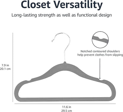 Amazon Basics Kids Space Saving Velvet Non-Slip Clothes Hangers with Shoulder Notches for Infant and Toddler, Sturdy, 11.6", Gray, 50-Pack