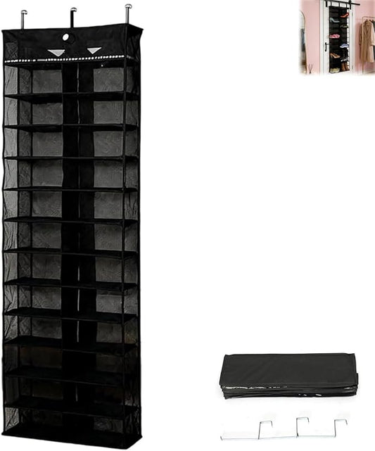Hoodie Sweatshirt Storage Hack, Door Hanging Shoe Rack Organizer, 26-Pocket Clear Holder, Large 63" x 22" Foldable Behind The Door Organizer (Black 1PC)