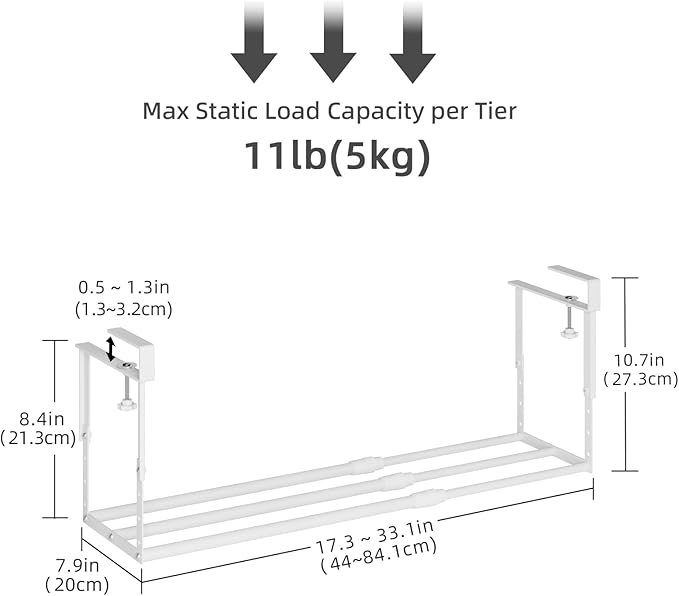 Expandable Shoe Rack Organizer for Cabinet, Adjustable Hanging Under Shelf Storage, Sturdy Round Tube Design, Space Saving Shoe Shelf for Closet, Entryway, Laundry Room, White
