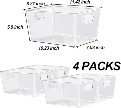 ZEXALOR 4pcs Clear Storage Bins Clear Storage Containers for Kitchen Pantry Organization, Organizing Bins with Built in Handles, Cabinet Organizers