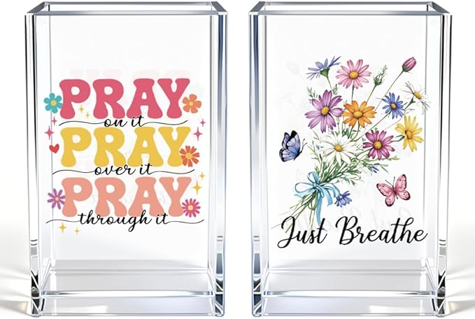 Just breathe 2 Pack Acrylic Cosmetic Pencil Pen Holder Cup, Hope Inspirational Makeup Brush Organizer Holder, Women Faith Gifts, Christian Encouragement Gifts for Women Mom Daughter Teacher
