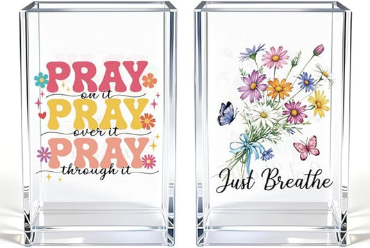 Just breathe 2 Pack Acrylic Cosmetic Pencil Pen Holder Cup, Hope Inspirational Makeup Brush Organizer Holder, Women Faith Gifts, Christian Encouragement Gifts for Women Mom Daughter Teacher