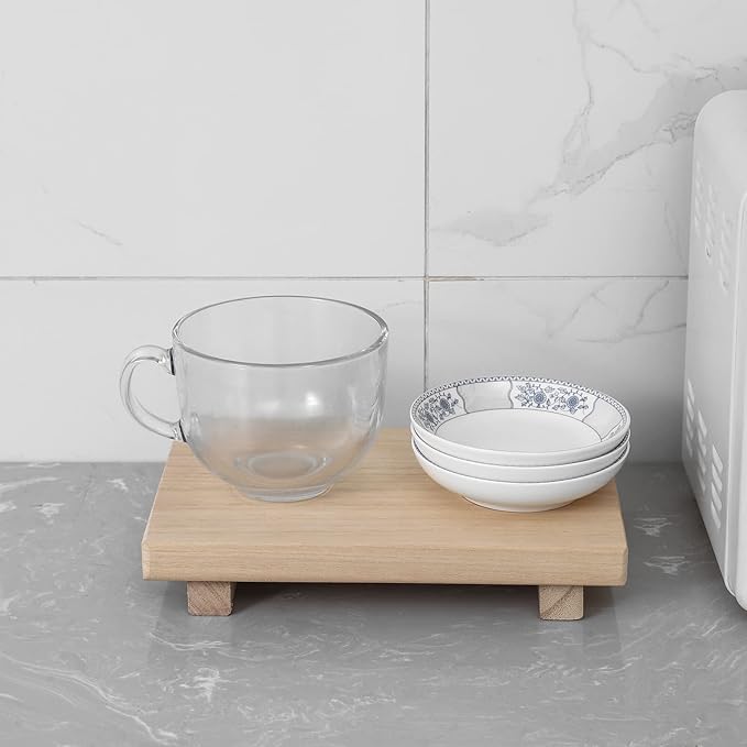 zoocatia Small Wood Tray Pedestal Stand Farmhouse Bathroom Decor Decorative Wooden Riser Kitchen Soap Dish Holder for Vanity, Counter, Sink, 9" x 5.9" - Burlywood