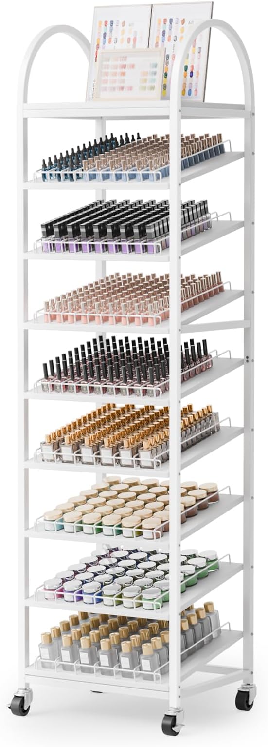 OmySalon Rolling Nail Polish & Powder Display Stand - 8 Tier Mobile Nail Salon Organizer Rack with Wheels, Holds 600 Bottles & 240 Jars for Nail Artists, Salon Display, Retail Store (White)