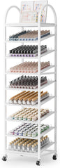 OmySalon Rolling Nail Polish & Powder Display Stand - 8 Tier Mobile Nail Salon Organizer Rack with Wheels, Holds 600 Bottles & 240 Jars for Nail Artists, Salon Display, Retail Store (White)
