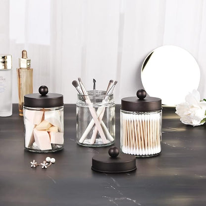 Apothecary Jar Canisters Bathroom Vanity Organizer - Qtip Holder Storage Organizer Countertop -Stainless Steel Lids &Cute Stickers for Qtips,Cotton Swabs,Makeup Sponges,Floss(3 Pack) (Bronze)