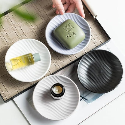 Chic Round Soap Dish, Modern Minimalist Striped Design Ceramic Tray(Oatmeal)
