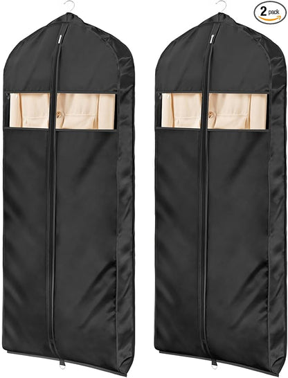 Univivi Super Soft Satin Garment Bags for Hanging Clothes, 60 Inch Zippered Dress Cover with Gussets, Breathable & Non-smell for Dresses, Coats, Jackets, Shirts, 2 Pack - Black