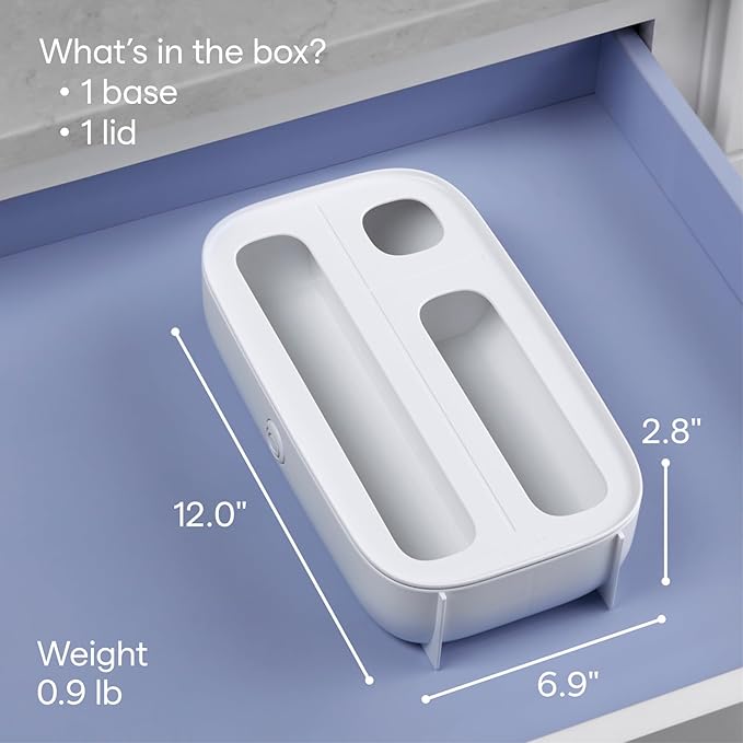 YouCopia StoraBag Drawer Food Bags Dispenser, 3-Slot, Plastic Sandwich Bag Organizer For Kitchen Storage, White
