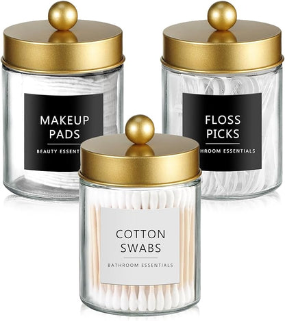 SheeChung Qtip Dispenser Holder 1pcs, Glass apothecary jars with Stainless Steel Lids &Stickers, Countertop Canister Guest Bathroom Storage Organizer Set for Cotton Swabs/Balls, Floss Picks(Gold)