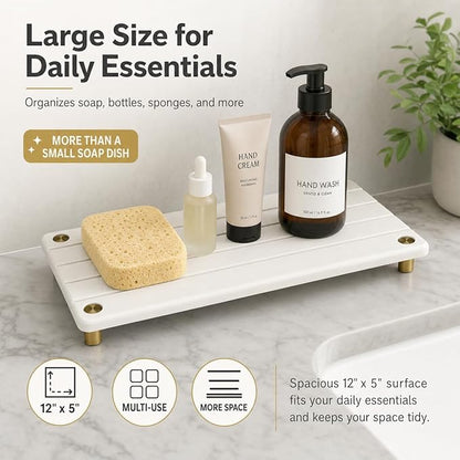 Razborci Instant Dry Sink Caddy Kitchen Sink Organizer, Quick Drying Stone Tray Diatomite Sponge Holder Soap Dish, Bathroom Countertop Fast Dry Water Absorbing Vanity Rack, Gold White, 12" x 5"