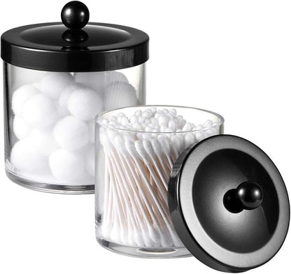SheeChung 2-Pack Plastic Apothecary Jars with Black Metal Lids-Clear Acrylic Qtip Holder Set-Shatterproof Bathroom Vanity Organizer for Cotton Balls, Swabs, Pads-Modern Farmhouse Chic Decor