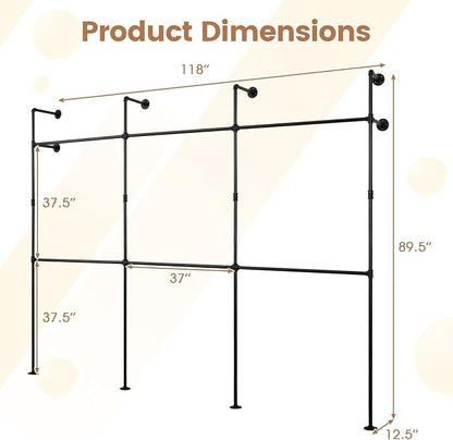 Giantex Industrial Pipe Clothing Rack, 118" Wall Mounted Heavy-Duty Metal Garment Organizer with 6 Hanging Rods, 2-Tier Walk-in Closet System for Wardrobe Closet, Retail Display