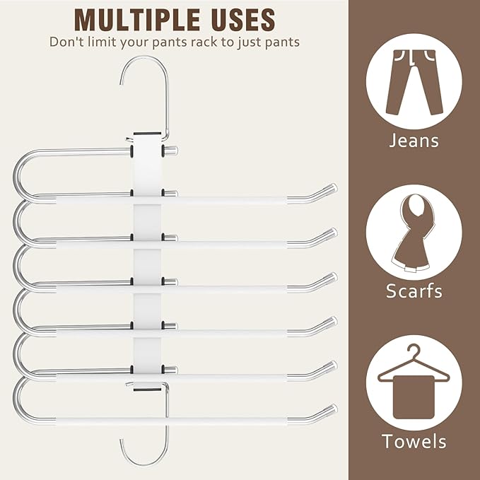 HUITEM 4 Pack 6-Tier Space Saving White Pant Hangers, Anti-Slip, Lightweight, Stainless Steel, Ideal for Closet Organization, Free Installation